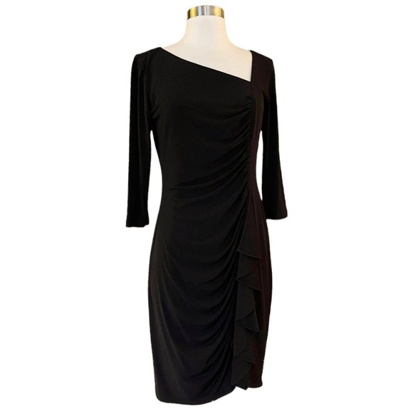 DAVID MEISTER Black Sheath Cocktail Dress Ruched Ruffles 3/4 Sleeves Midi 4 EUC - Picture 8 of 8